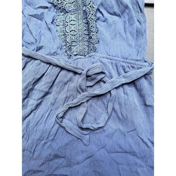 Blue Charlotte Russe Sleeveless Romper With Tie Belt And Crochet Neckline V Neck - Picture 2 of 5